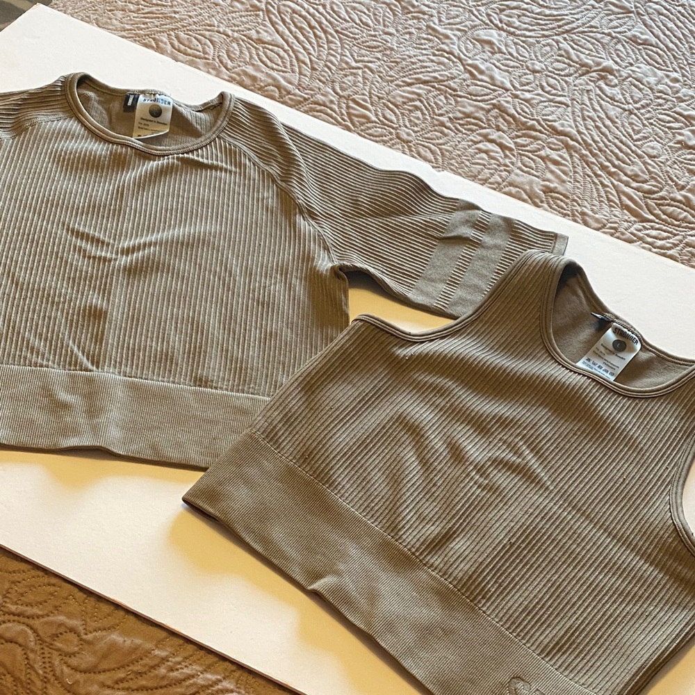 Ribbed dark tan Crop Top Set (2) pc by Stronger